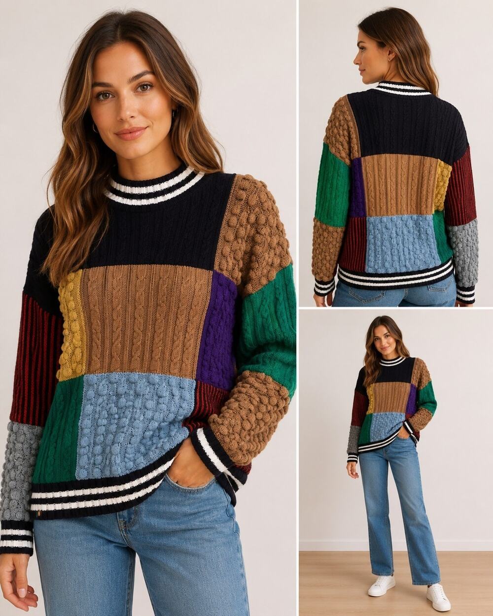 Kule Sweater Women Medium Patchwork Chunky Cableknit Tatum Wool Cashmere
